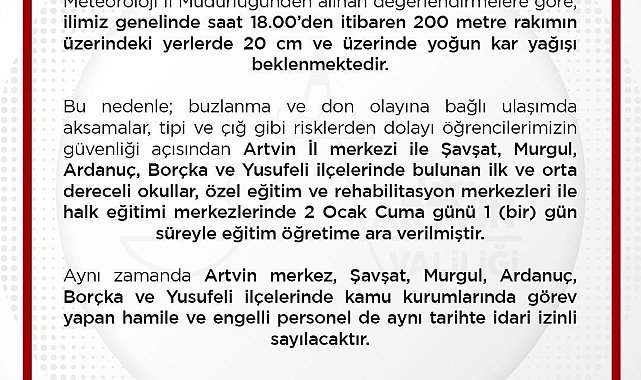 Artvin'de eğitime 1 gün ara verildi