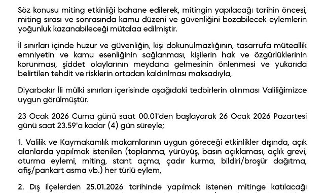 Diyarbakır'da gösteri ve yürüyüşler 4 gün boyunca yasaklandı