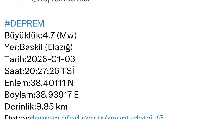 Elazığ'da 4.7 büyüklüğünde deprem