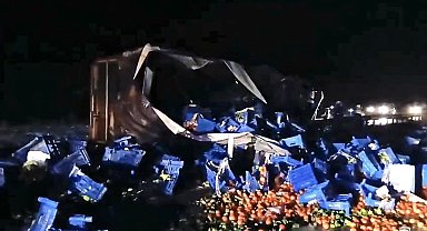 Kütahya-Eskişehir karayolunda meyve yüklü tır devrildi