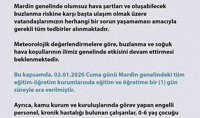 Mardin'de eğitime 1 gün ara verildi