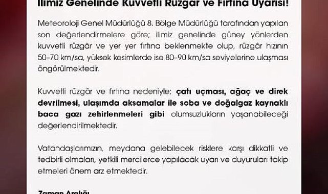Niğde Valiliği uyardı: Kuvvetli rüzgar ve fırtına bekleniyor
