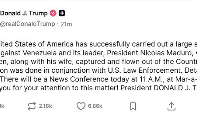 Trump, Venezuela'ya saldırıyı doğruladı: "Maduro ve eşi yakalanarak ülkeden çıkarıldı"