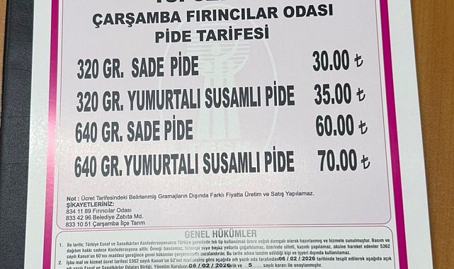 Çarşamba'da pide fiyatları belli oldu