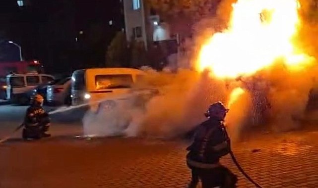 Denizli'de park halindeki araç alev alev yandı
