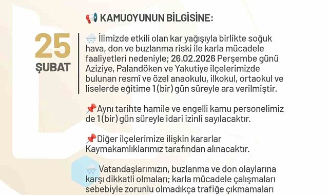Erzurum'da okullara bir gün kar tatili