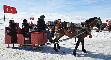 Kars Çıldır Gölü'nde dörtnala atlı kızak safarileri nefes kesiyor