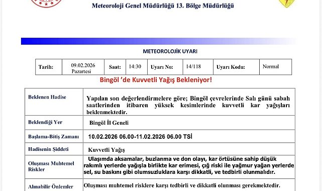 Meteorolojiden Bingöl için kuvvetli yağış uyarısı