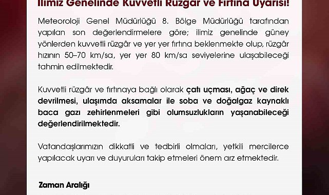Niğde Valiliği'nden kuvvetli rüzgar uyarısı