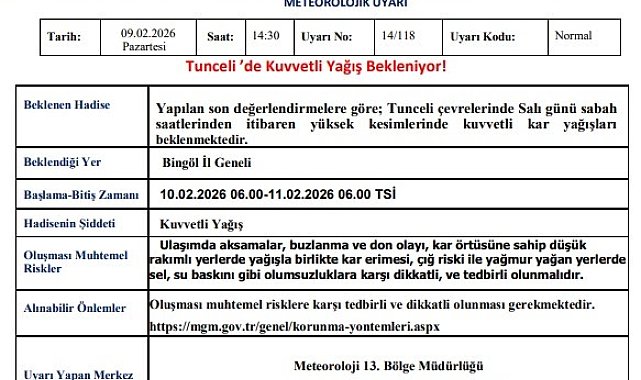 Tunceli için kuvvetli kar yağışı uyarısı