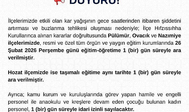 Tunceli'nin 3 ilçesinde eğitime 1 gün ara verildi