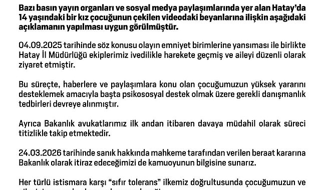 14 yaşındaki kız çocuğunun taciz iddialarına verilen beraat kararına Bakanlık itiraz edecek