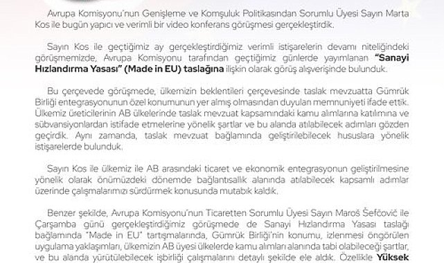 Bakan Bolat: "AB ile ekonomik ve ticari başlıklarda yürüttüğümüz yakın istişarelerde, ikili entegrasyonumuzu derinleştirmek üzere çalışmaya devam edeceğiz"