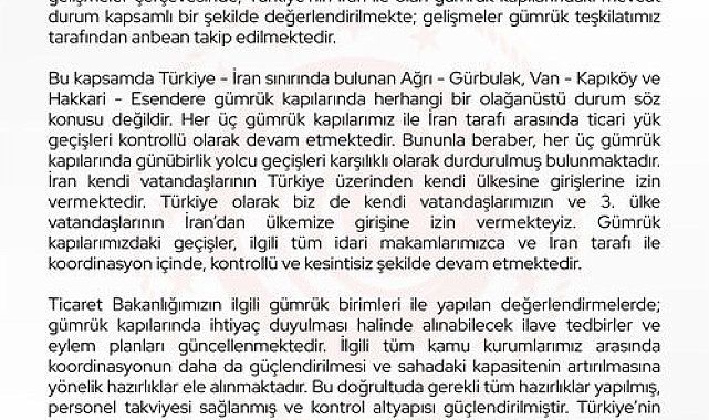 Bakan Bolat: "İran ile olan gümrük kapılarındaki mevcut durum anbean takip edilmektedir"