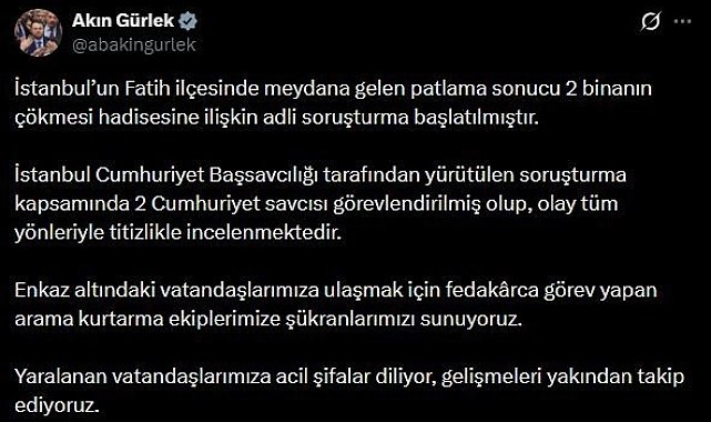 Bakan Gürlek: "2 binanın çökmesi hadisesine ilişkin adli soruşturma başlatılmıştır"