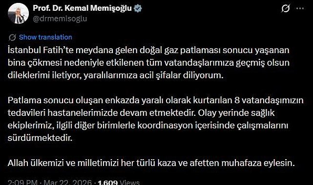 Bakan Memişoğlu: "Patlama sonucu oluşan enkazda yaralı olarak kurtarılan 8 vatandaşımızın tedavileri hastanelerimizde devam etmektedir"