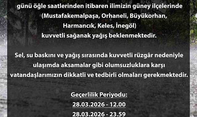 Bursa için sarı alarm: Kuvvetli yağış kapıda
