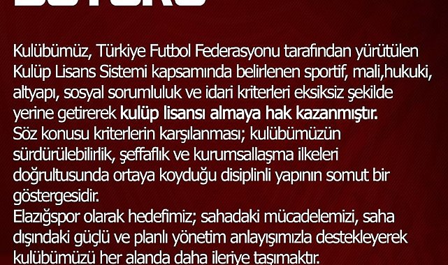 Elazığspor, kulüp lisansı almaya hak kazandı