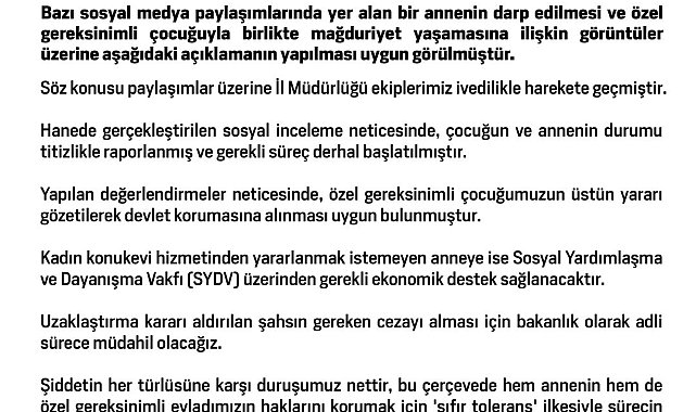 Aile ve Sosyal Hizmetler Bakanlığı: "Özel gereksinimli çocuğumuzun devlet korumasına alınması uygun bulunmuştur"