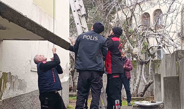 Çatı katında mahsur kalan kediyi polis ve itfaiye kurtardı