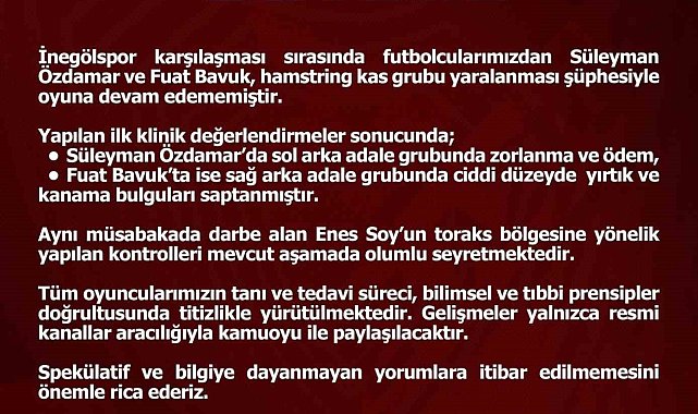 Elazığspor'dan sakat futbolculara ilişkin açıklama