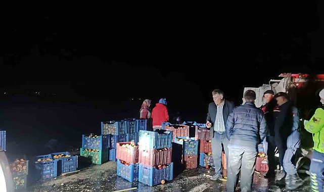 Kazada çevreye dağılan elmaları köy sakinleri topladı