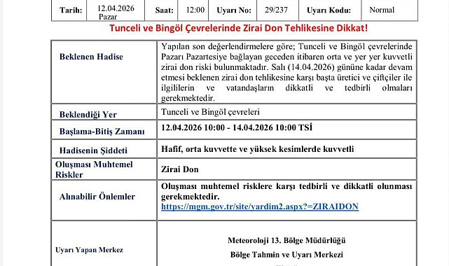 Meteorolojiden Bingöl ve Tunceli için zirai don uyarısı