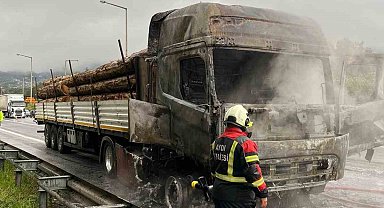Tomruk yüklü tır alev topuna döndü