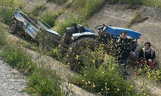 Turgutlu'da ön lastiği fırlayan traktör takla attı: 2 yaralı