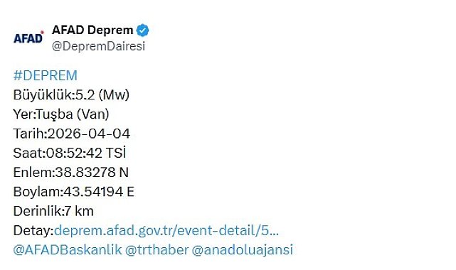 Van'da 5.2 büyüklüğünde deprem