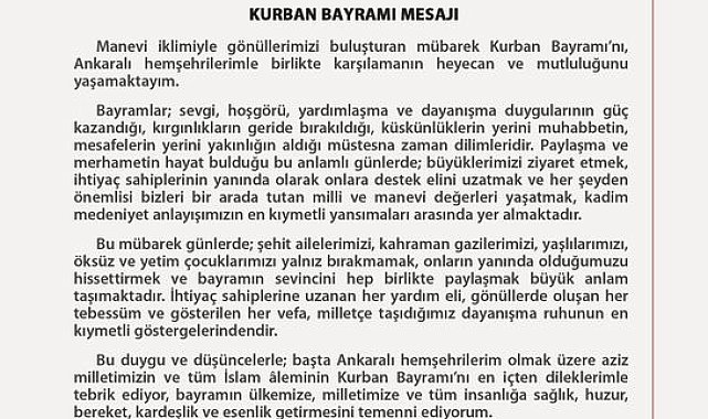 Ankara Valisi Canbolat'tan Kurban Bayramı mesajı
