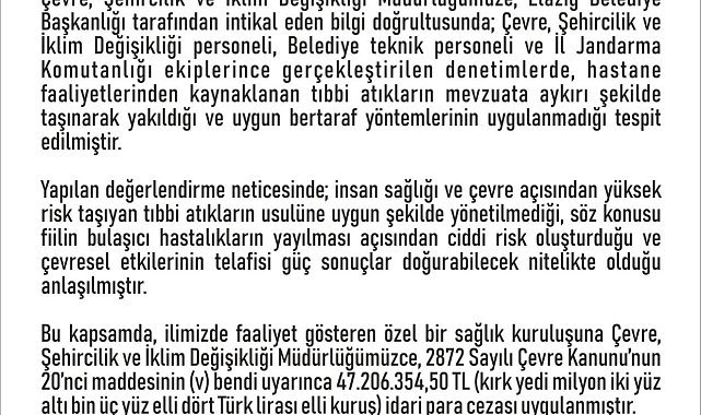 Elazığ'da özel bir hastaneye 47 milyon lira ceza kesildi
