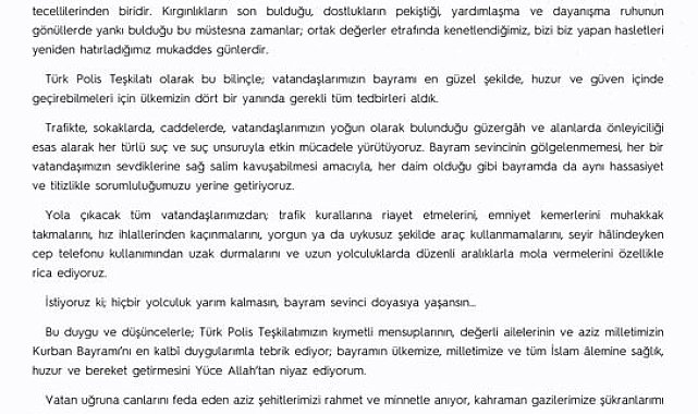 Emniyet Genel Müdürü Fidan'dan "Kurban Bayramı" mesajı