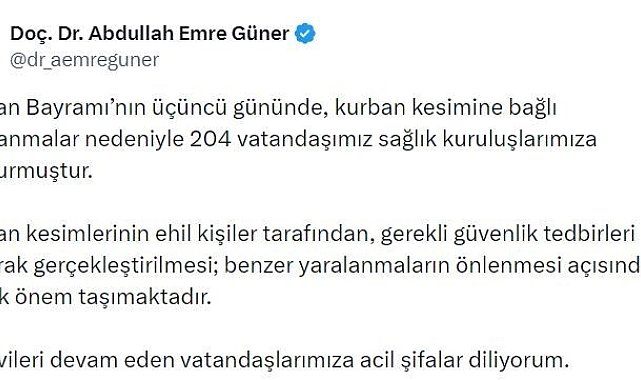 İstanbul İl Sağlık Müdürü Güner: "Kurban Bayramı'nın üçüncü gününde 204 kişi yaralandı"
