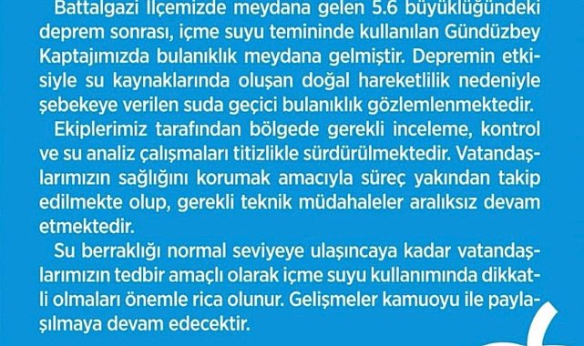 Malatya'da deprem sonrası içme suyunda bulanıklık oldu