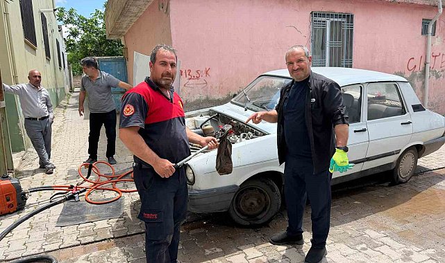 Otomobilin motoruna giren yılanı itfaiye çıkardı