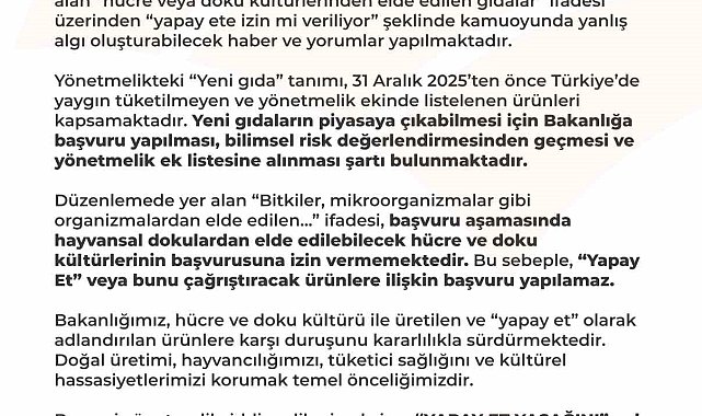 Tarım ve Orman Bakanlığı: "Türkiye sınırları içinde yapay et üretimi ve tüketimi söz konusu değildir"
