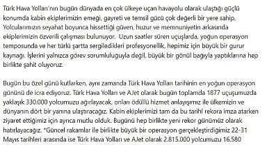 THY Yönetim Kurulu Başkanı Murat Şeker, Dünya Kabin Memurları Günü'nü kutladı
