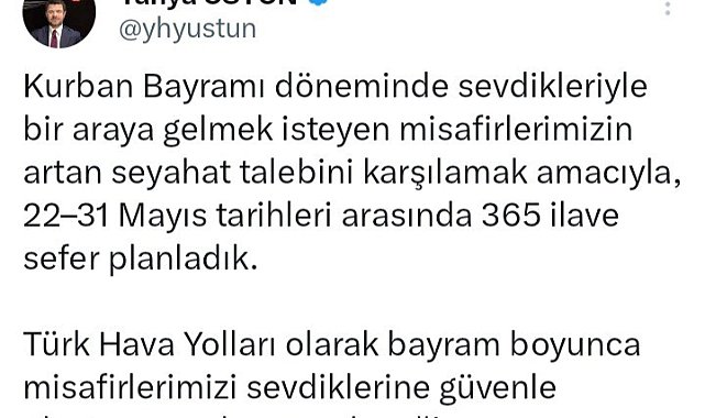 Türk Hava Yolları, Kurban Bayramı tatili için 365 ilave sefer planladı