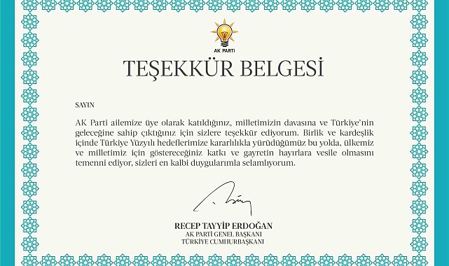 AK Parti'den 11,5 milyon üyesine Cumhurbaşkanı Erdoğan imzalı teşekkür belgesi