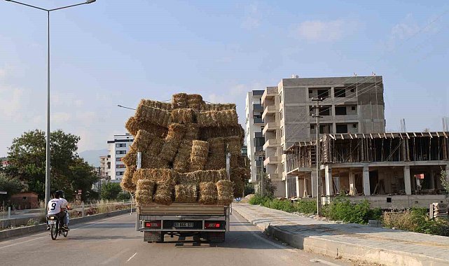 Aşırı saman yüklü pikabın trafikteki tehlikeli yolcuğu