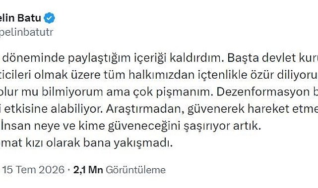 Deprem zamanında "Devlet yoktu" diye paylaşım yapan Pelin Batu özür diledi