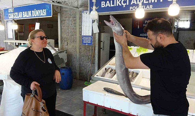 Mersin'de dev yılan balığı tezgahta ilgi odağı oldu