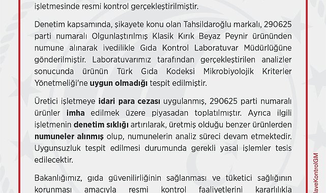 Tahsildaroğlu'nun bir parti beyaz peyniri piyasadan toplatıldı