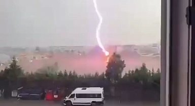 Tekirdağ'da palmiye ağacına yıldırım düştü, alev alev yandı