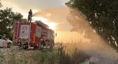 Tır lastiğinde çıkan yangın tarlaya sıçramadan söndürüldü