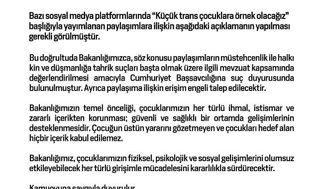 Aile ve Sosyal Hizmetler Bakanlığından "Küçük trans çocuklara örnek olacağız" paylaşımlarına suç duyurusu