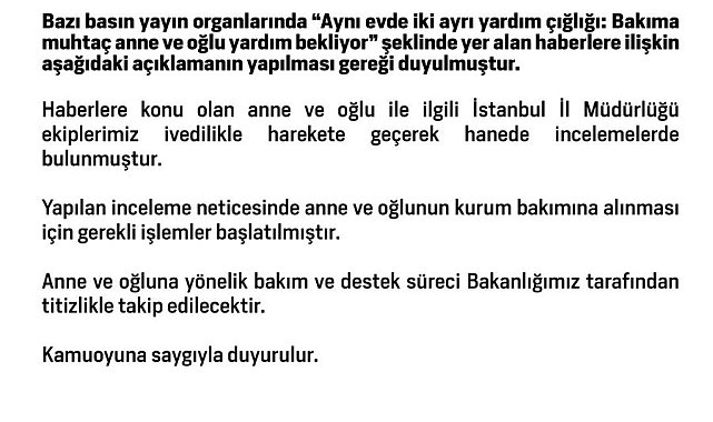 Bakanlıktan 'bakıma muhtaç anne ve oğlu' ile ilgili açıklama: "Kurum bakımına alınmaları için gerekli işlemler başlatılmıştır"
