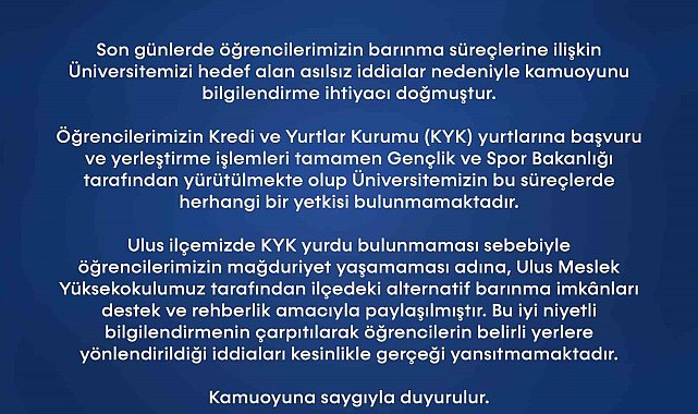 BARÜ'den öğrencilerin barınma konusunda açıklama