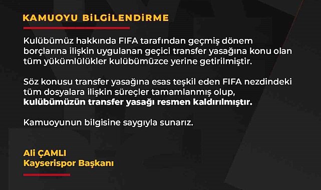 Başkan Çamlı müjdeyi verdi: "Transfer yasağı kalktı"